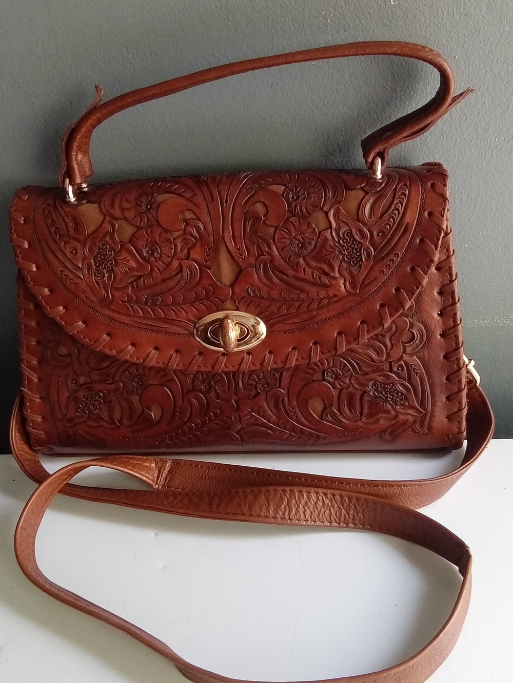 Vintage Hand Tooled Leather Floral Crossbody Bag Cognac Brown Whipstitch Detail - Picture 4 of 7